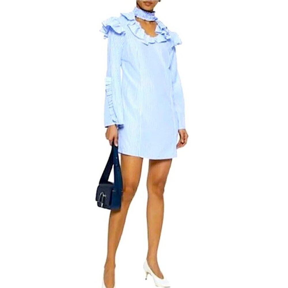 Walter Baker NWT Blue Stripe Long Sleeve Ahjay Mini Ruffle Dress Size XS